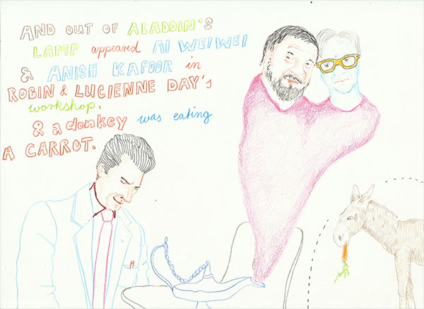 drawing of Ai Weiwei Robin and Lucienne Day and Anish Kapoor by Jay Rechsteiner